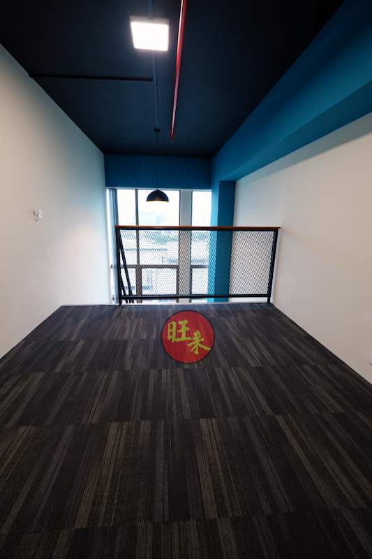 Upper loft level with carpet tiles and mesh railing at the stair opening - V5000 Racking - V5-26 | Wong Lye Racking, Singapore Racking Manufacturer