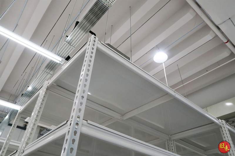 Top level of white boltless shelving against the ceiling lighting and ducting - Boltless Racking - B8 | Wong Lye Racking, Singapore Racking Manufacturer