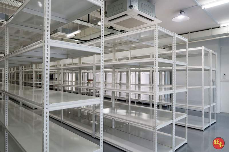 After: rows of white boltless shelving with five levels across the store - Boltless Racking - B8 | Wong Lye Racking, Singapore Racking Manufacturer