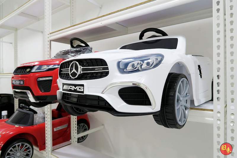 Red and white ride-on toy cars on white boltless shelving, front view - Boltless Racking - B3 | Wong Lye Racking, Singapore Racking Manufacturer