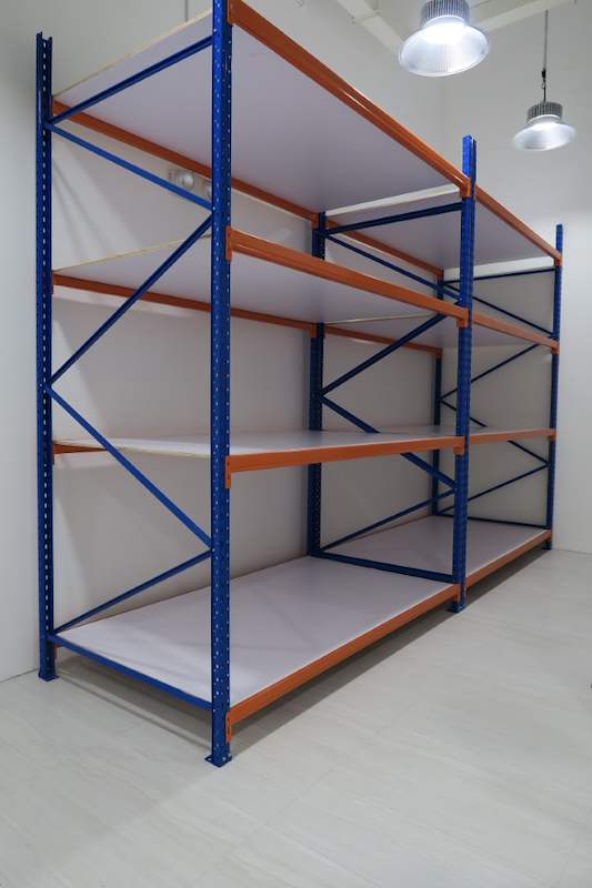 Blue-and-orange long-span racking bay with three levels of white board decking, front view - Boltless Racking - B3 | Wong Lye Racking, Singapore Racking Manufacturer