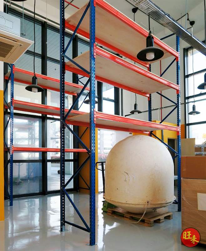 V3000 racking bay with plywood-decked levels in the office, palletised item and cartons stored beneath - V3000 Racking - V3-4 | Wong Lye Racking, Singapore Racking Manufacturer