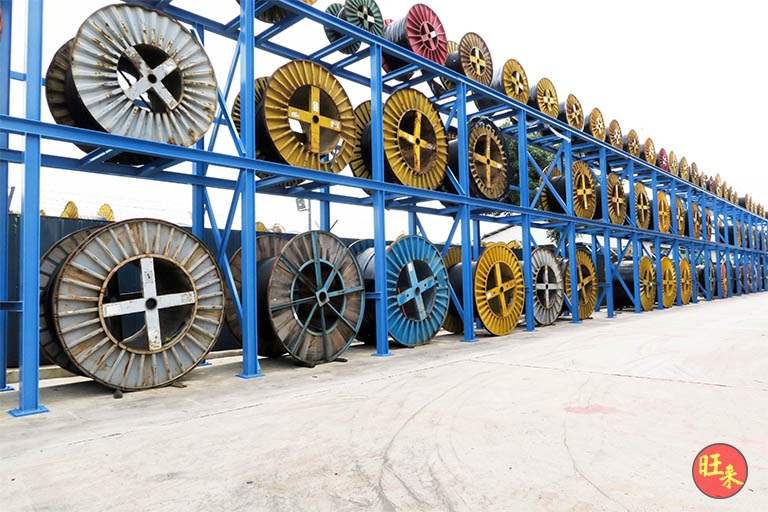 Two-tier V10000 racking with cable drums along an outdoor yard - V10000 Racking - V10-1 | Wong Lye Racking, Singapore Racking Manufacturer