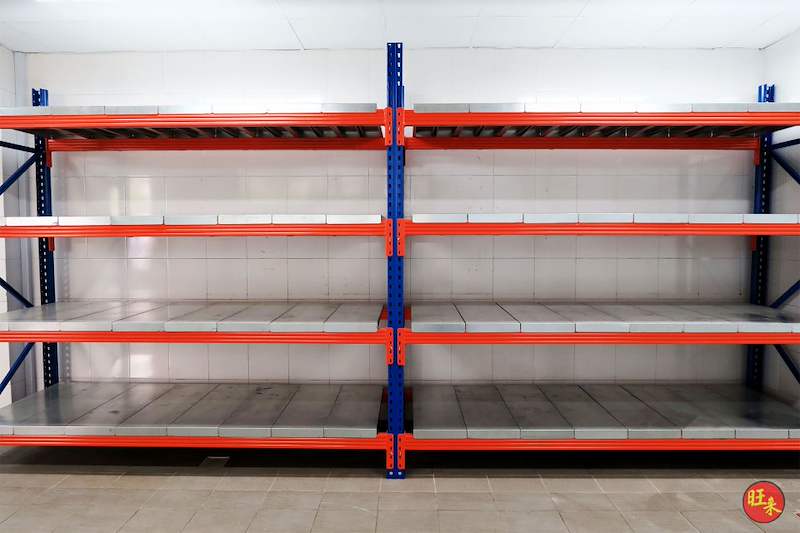 Two long-span racking bays with four steel-decked levels, front view, bays empty - Boltless Racking - B5 | Wong Lye Racking, Singapore Racking Manufacturer